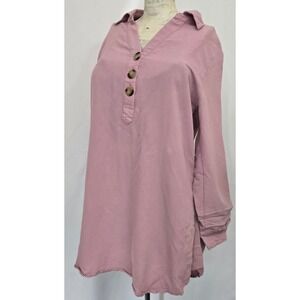 E & M Womens Small Tunic Blouse Dusty Rose Pink Henley Roll Tab Sleeve High‎ Low